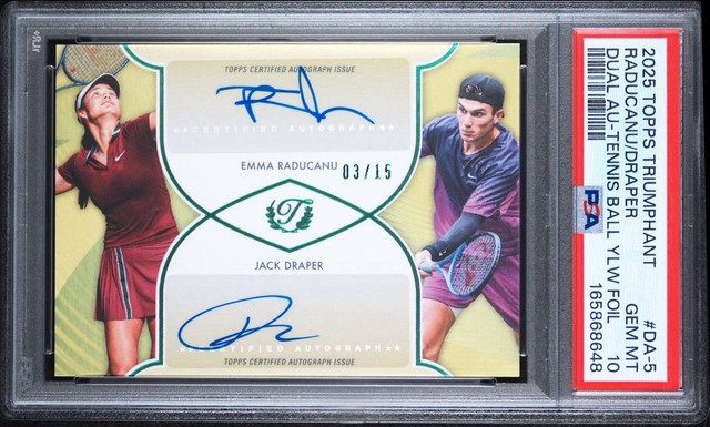 2025 Topps Triumphant Emma Raducanu Jack Draper Dual Auto Yellow /15 PSA 10