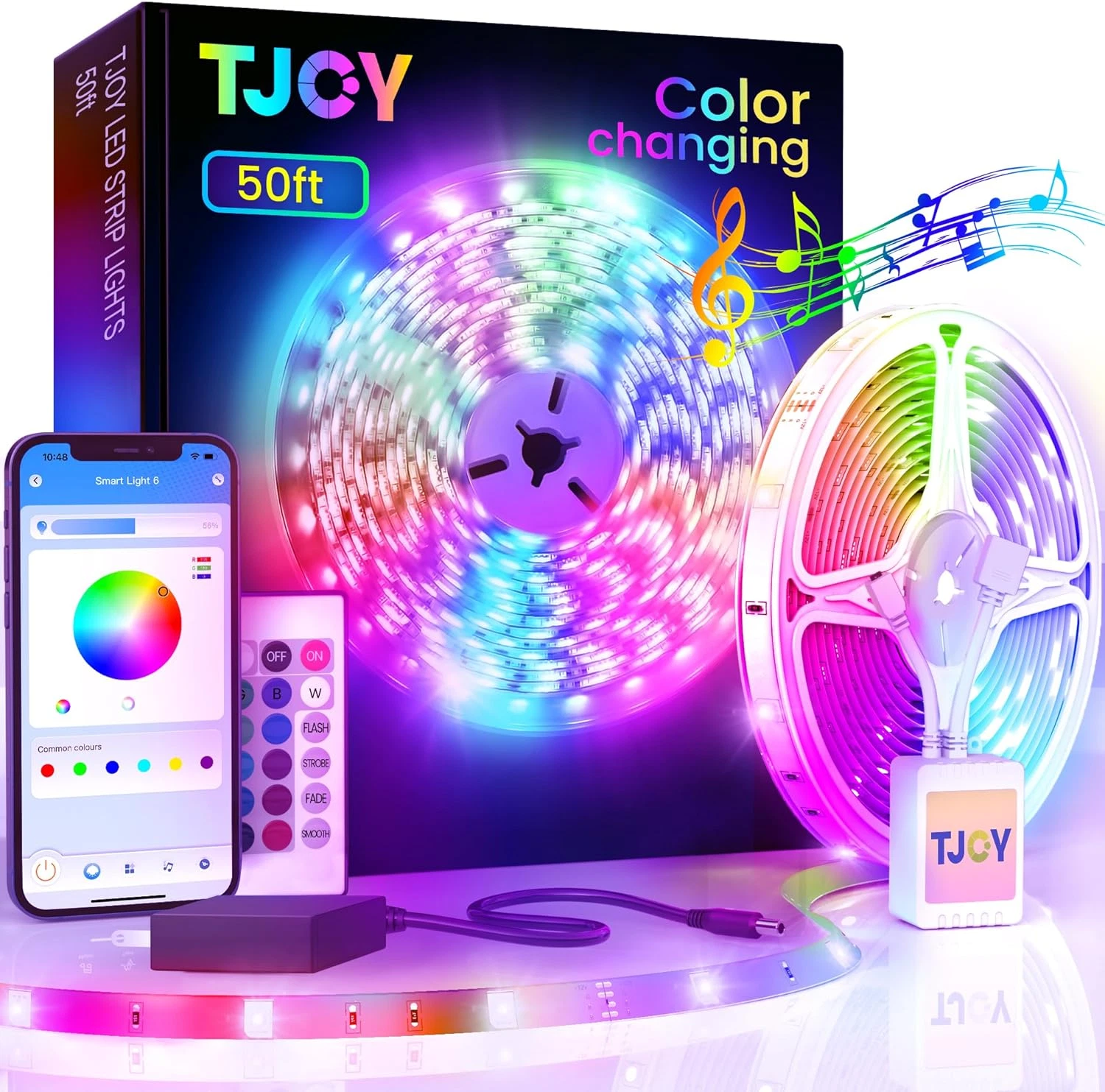 50Ft Bluetooth LED Strip Lights, Music Sync 5050 LED Light Strip RGB Color Chang