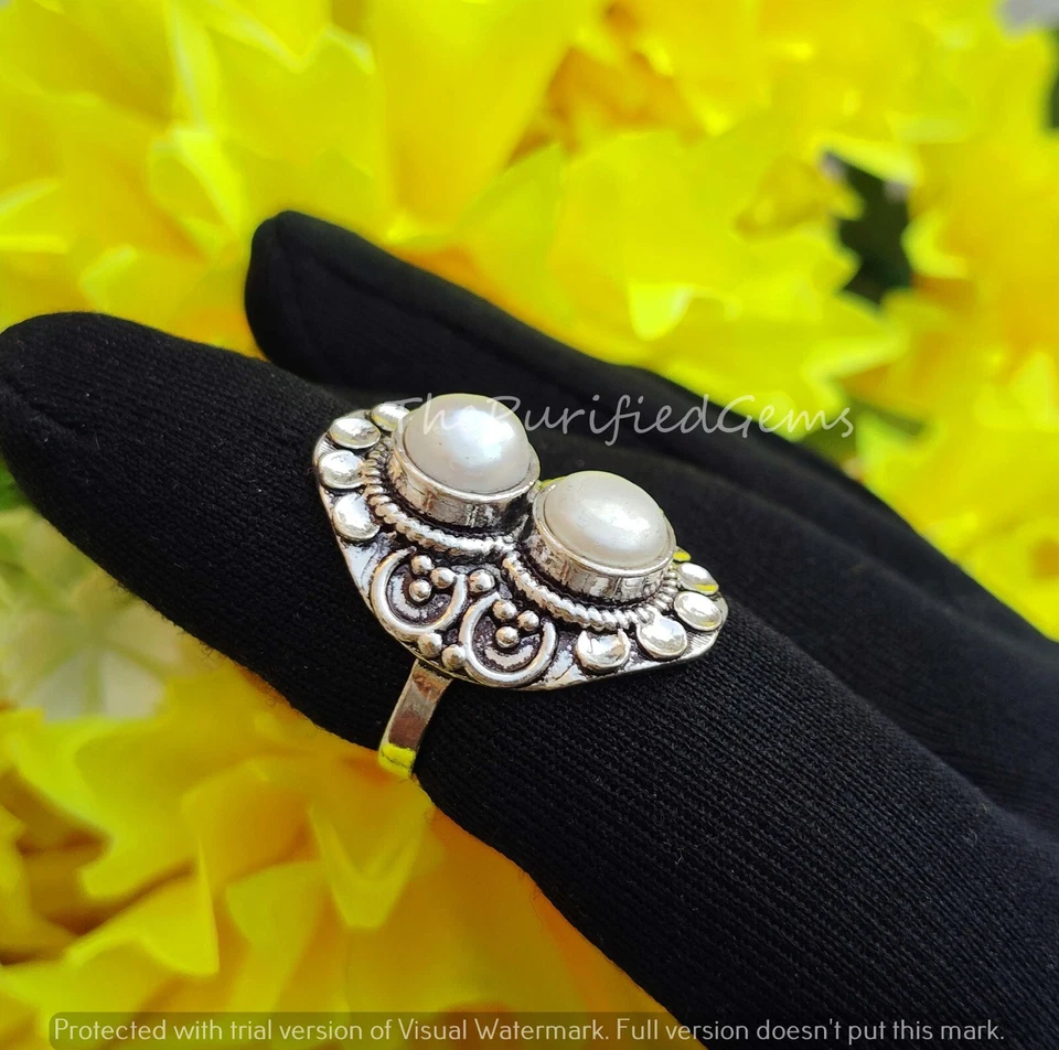 ВАУ!! Красивое кольцо с 2 жемчужинами и драгоценными камнями, кольцо ручной работы, подарок на день рождения для женщин ~ - Изображение 2 из 4