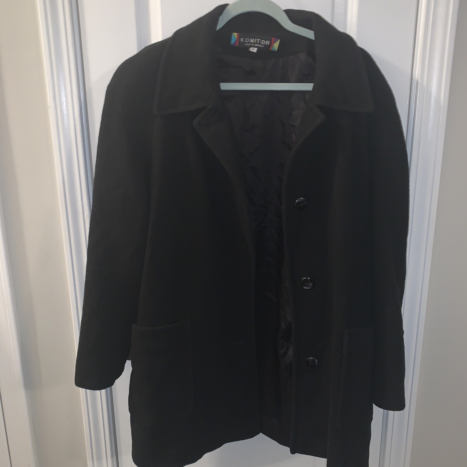 Vintage Komitor XL 16 Wool Blend Pea Coat Black Lined Jacket Made USA