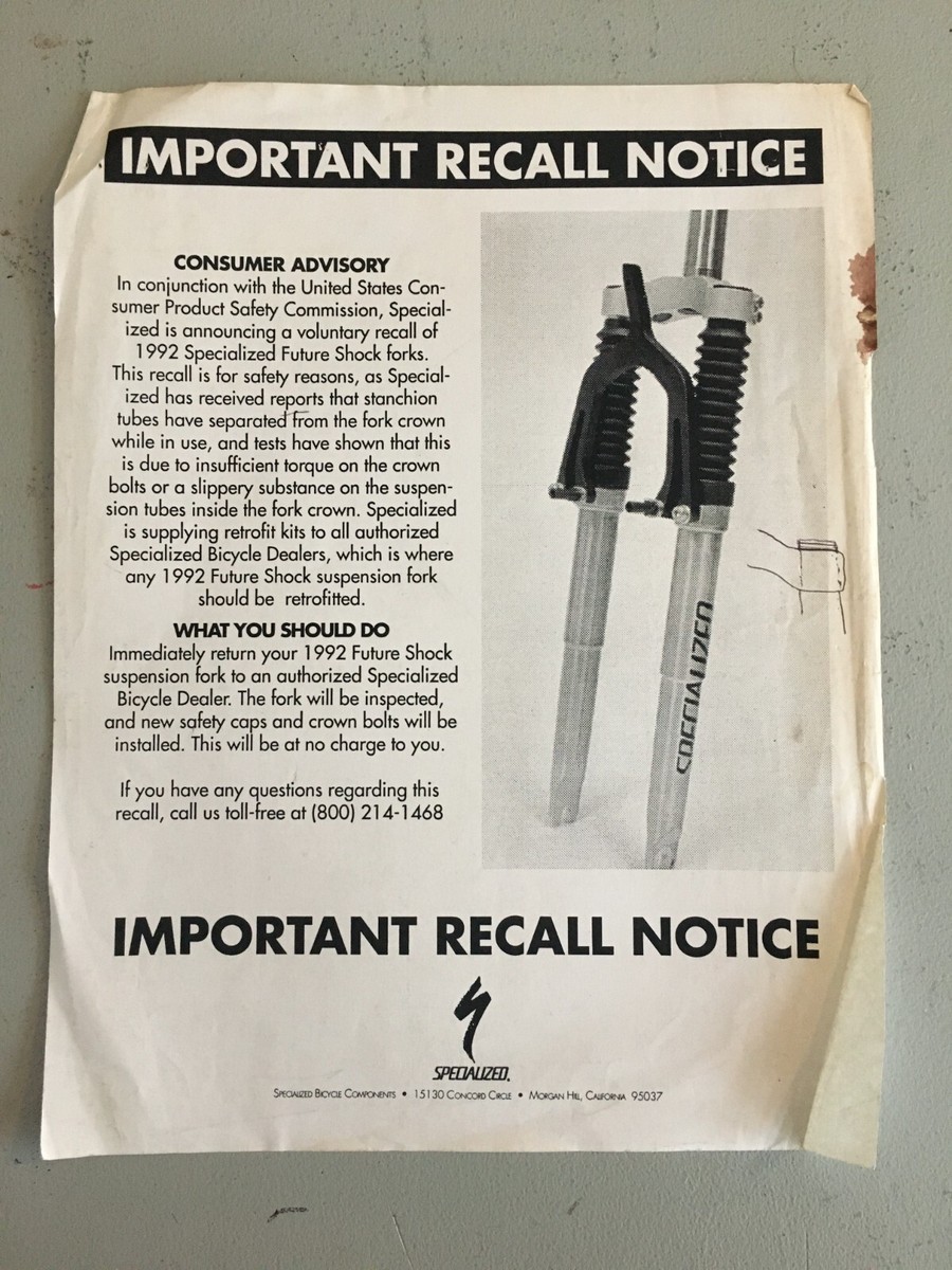 Vintage Original Specialized Bicycle Future Shock Recall Notice