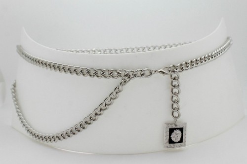 Women Fashion Belt Hip High Waist Silver Metal Chain Square Lion Buckle M L XL - Picture 5 of 12