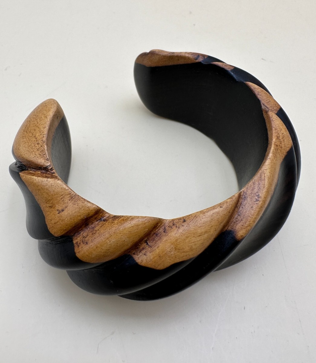 Bracelet Sculpture En Bois Précieux Par Catherine Noll – Style Art Déco Abstrait - Occasion Rare