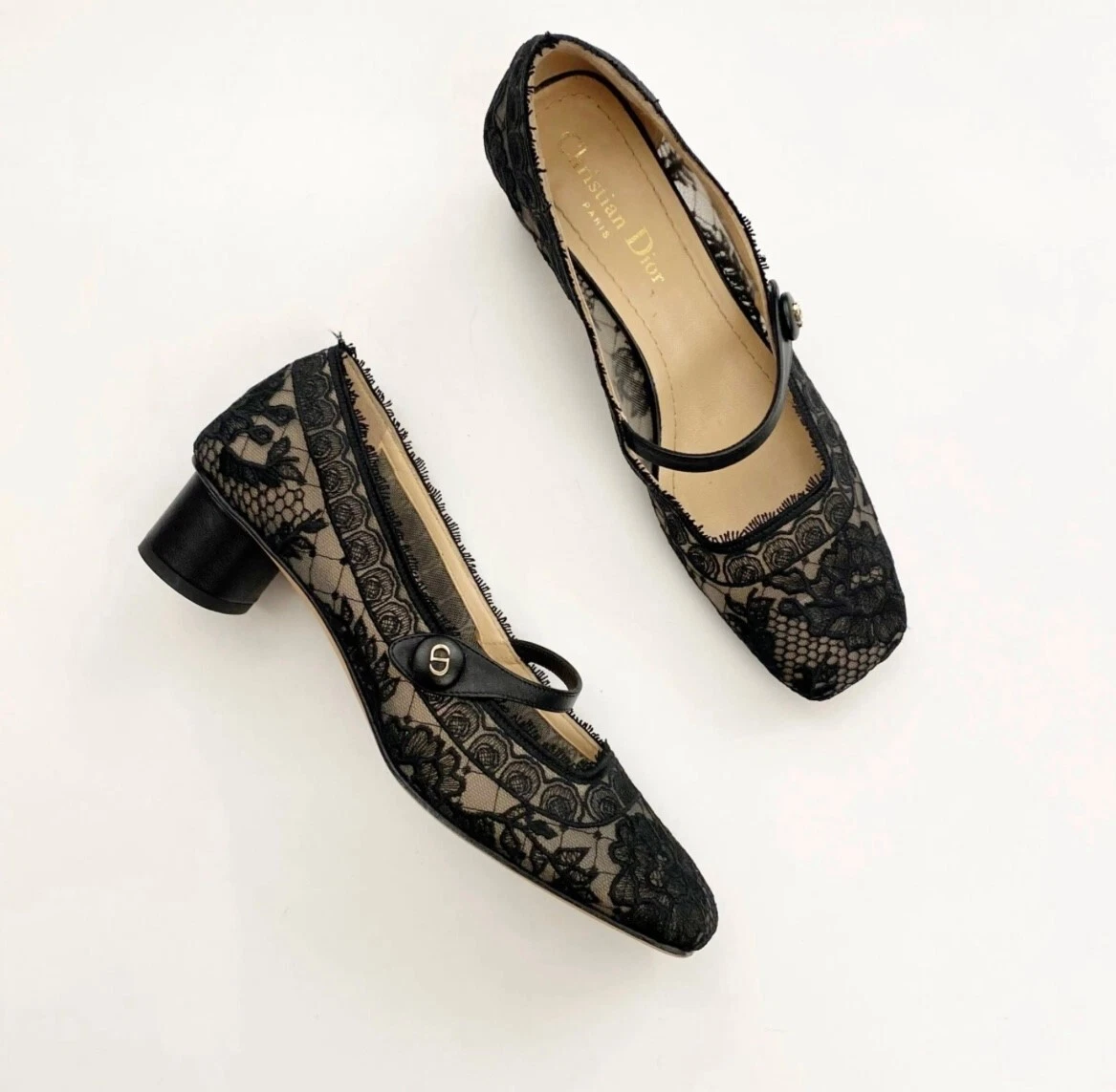 + CHRISTIAN DIOR D GRACE BALLET ESCARPIN MARY JANE TALON NOIR DENTELLE ROSES 35,5