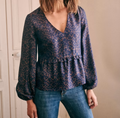 Sezane Bianca Blouse Women FR 36 US 4 Blue Leopard Print Long