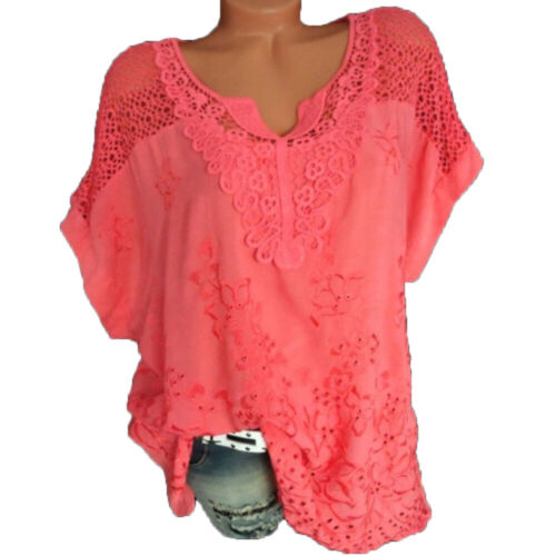Mujeres Encaje Cuello en V Mangas Cortas Murciélago Camisa Túnica Pulóver Camiseta Prendas para el torso Blusa con - Imagen 10 de 15