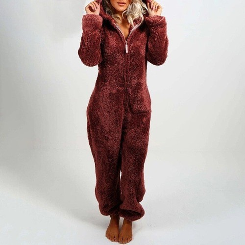 Damen Winter Warm Plüsch Jumpsuit Teddybär Schlafanzug mit Kapuze Pyjama Overall - Bild 37 von 43