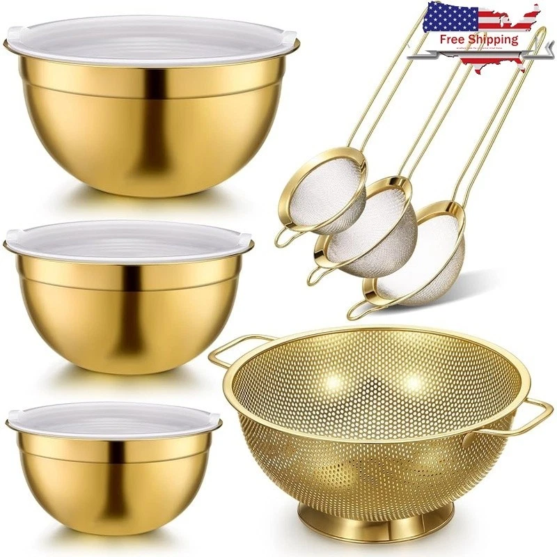 Gold Kitchen Accessories Stainless Steel Mixing Bowls Colander Strainer Set 7pcs