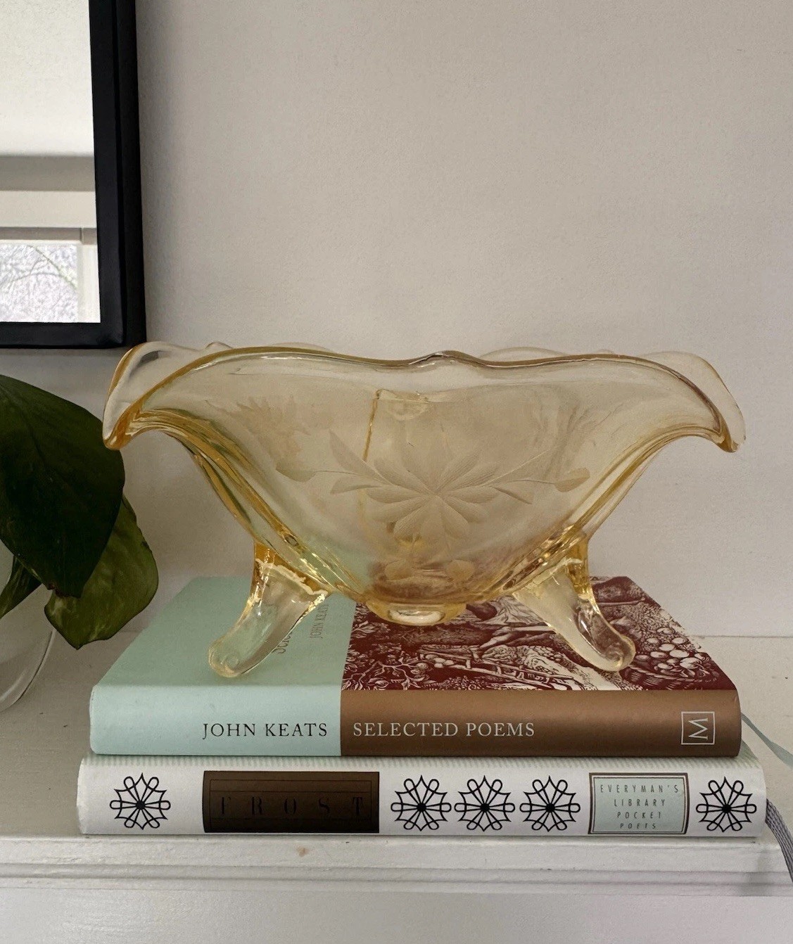 Vintage Lancaster Glass Yellow Jubilee 3 Footed Bowl, Etched Flowers