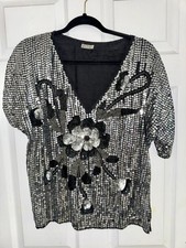 Vintage Silver Flower Disco Sequin Top