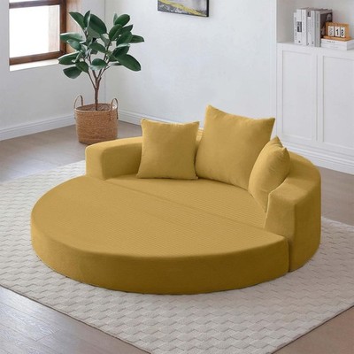 67'' Convertible Futon Sofa Bed Round Folding Comfy Corduroy Couch with 3 Pillows