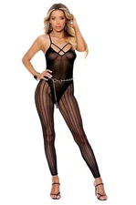 Elegant Moments Vertical Striped Bodystocking in Black - Opaque Crochet Design, 