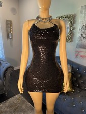Windsor Black Sequin Bodycon Mini Dress XS Scoop Neck Sleeveless Spaghetti Strap