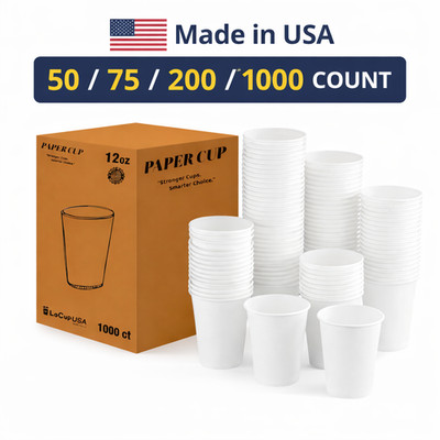 12 oz Paper Coffee Cups | Leak Proof | Disposable | Made in USA | 50 75 200 1000