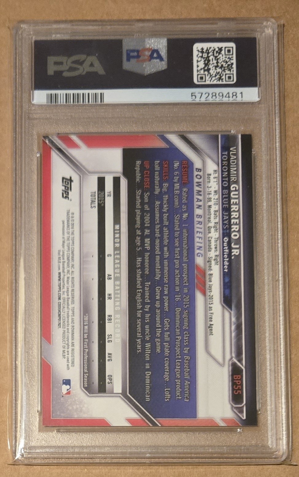 Vladimir Guerrero Jr 2016 Bowman Yellow 1st Prospects Rookie RC BP55 PSA 8 view 4