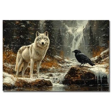WOLF AND RAVEN WINTER ART PRINT, Animal Forest Poster, Fantasy Snow Home Decor