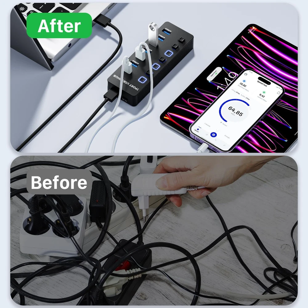 7-Port USB 3.0 Hub with Individual LED On/Off Switches & Fast Data Transfer