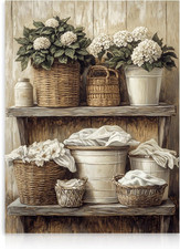 Rustic Floral Woven Basket Wall Art for Laundry or Bathroom, Unframed 12x16 in