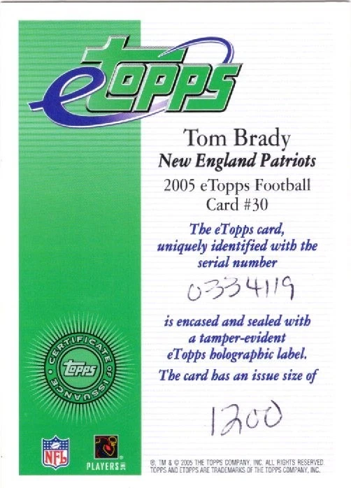 2005 eTopps #30 Tom Brady Sealed Uncirculated New England Patriots, 1200 Made - Image 3 of 3