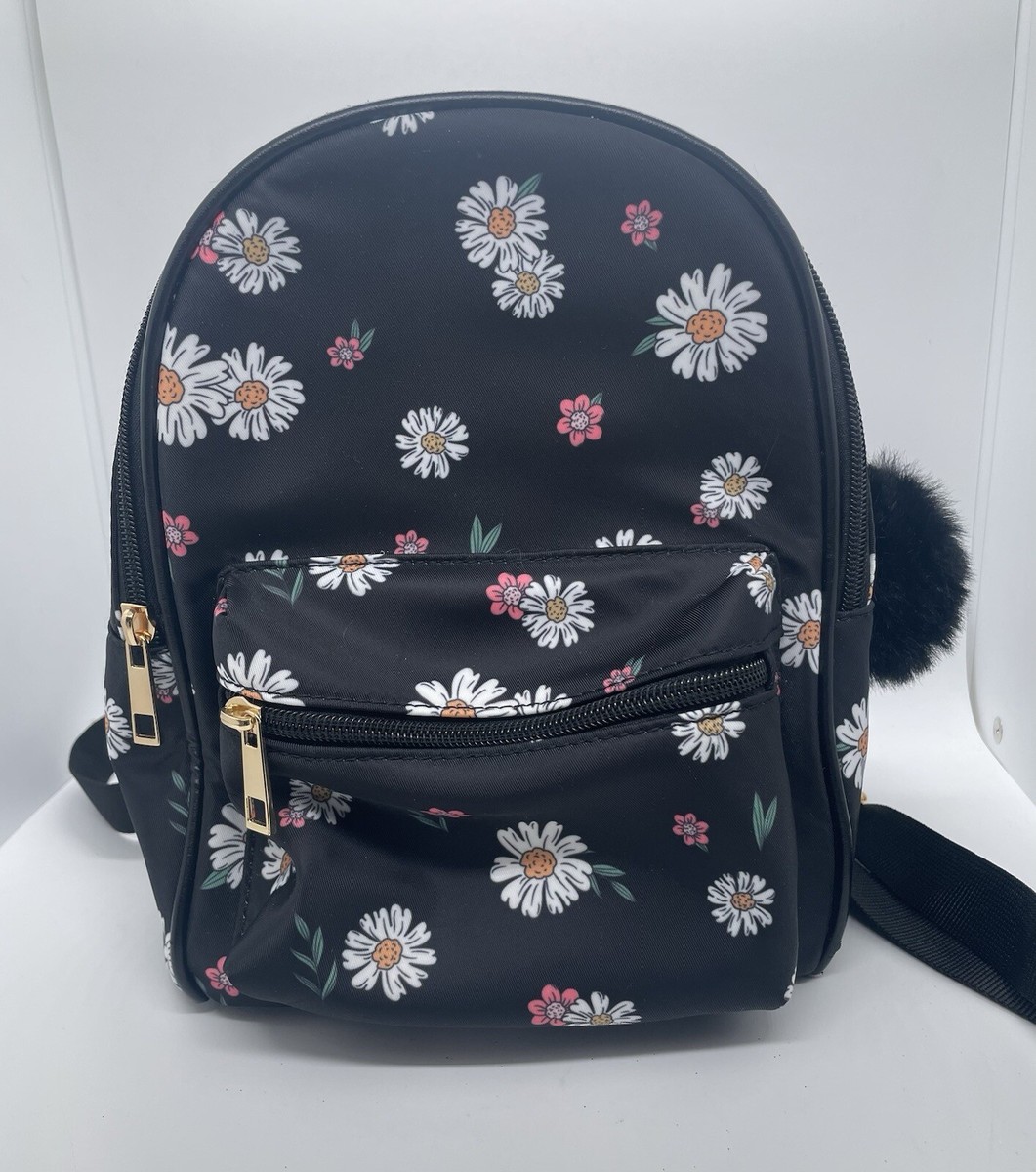 LIKE DREAMS Nylon Mini Black Floral Backpack With Fur Ball  display picture 1