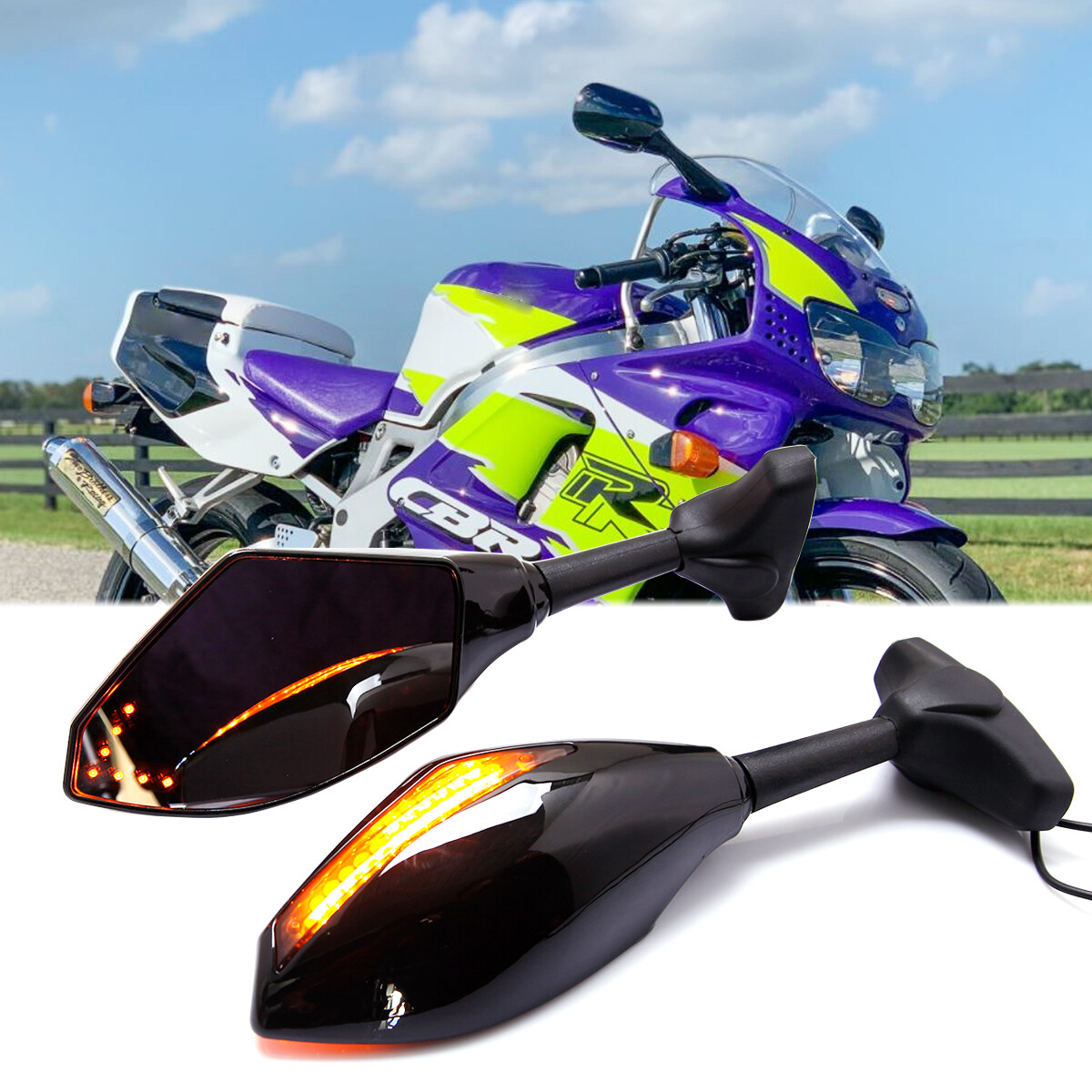 Mサイズ Pair Sport Mirrors Rearview + LED Turn Signal Smoke For Honda 1993
