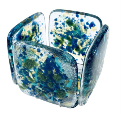 Fused Glass Tea Light Holder 2.5'' Cube Blue Green Mid-Century Geometric MCM Art