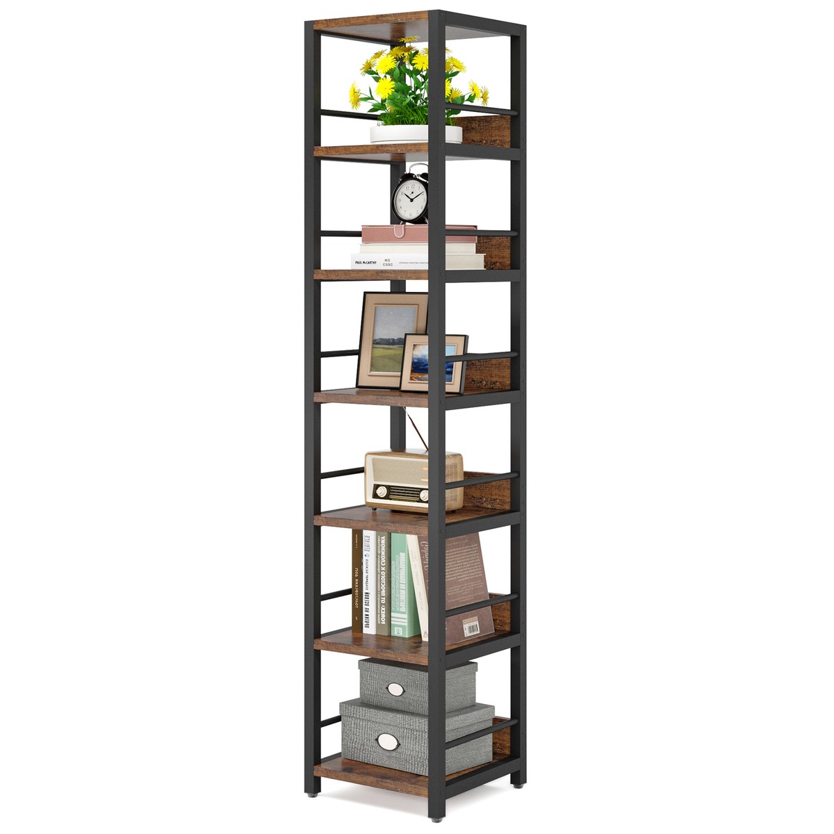 5-Tier Tall Bookcase, Rustic Brown - Modern Bookshelf Storage Unit For Living Room, Bedroom, Office