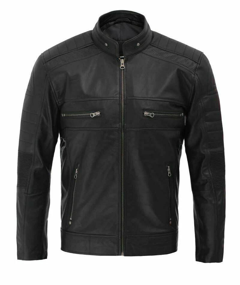 Blouson Motard Café Racer En Cuir D'agneau Noir Zayn Leather - Neuf Avec étiquettes, Taille Standard