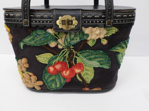 Isabella Fiore One Size Black Cherry Flower Beaded Picnic Summer Basket Handbag - Picture 2 of 24