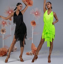 Women Tassels Dance Skirt cha cha Latin Rumba Performance Dress Backless New