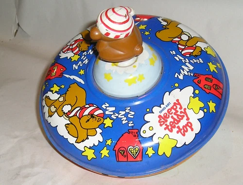Vintage Spinning Push Top - Ohio Art Sleepy Teddy Top - USA Kids Toy Tin Litho