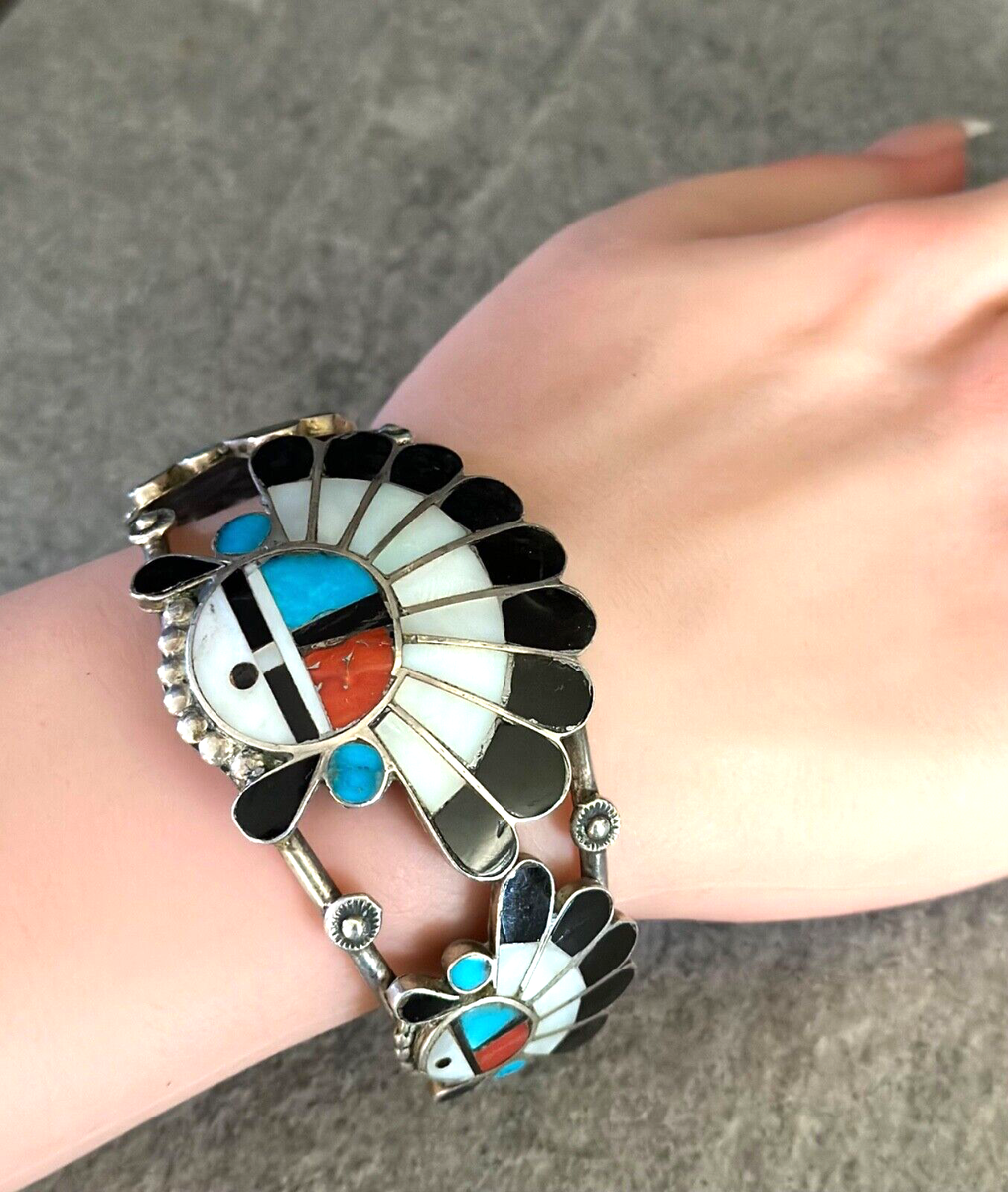 Turquoise Sun Vintage Zuni Native American Sterling Silver Bracelet Old Turquoise Sun Vintage Zuni Native American Sterling Silver Bracelet Old
