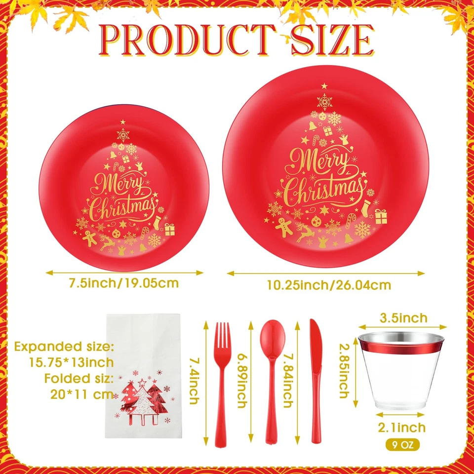 Рождественский пластиковый набор столовой посуды, рождественские одноразовые тарелки включают 40 обеденных P... - Изображение 2 из 4