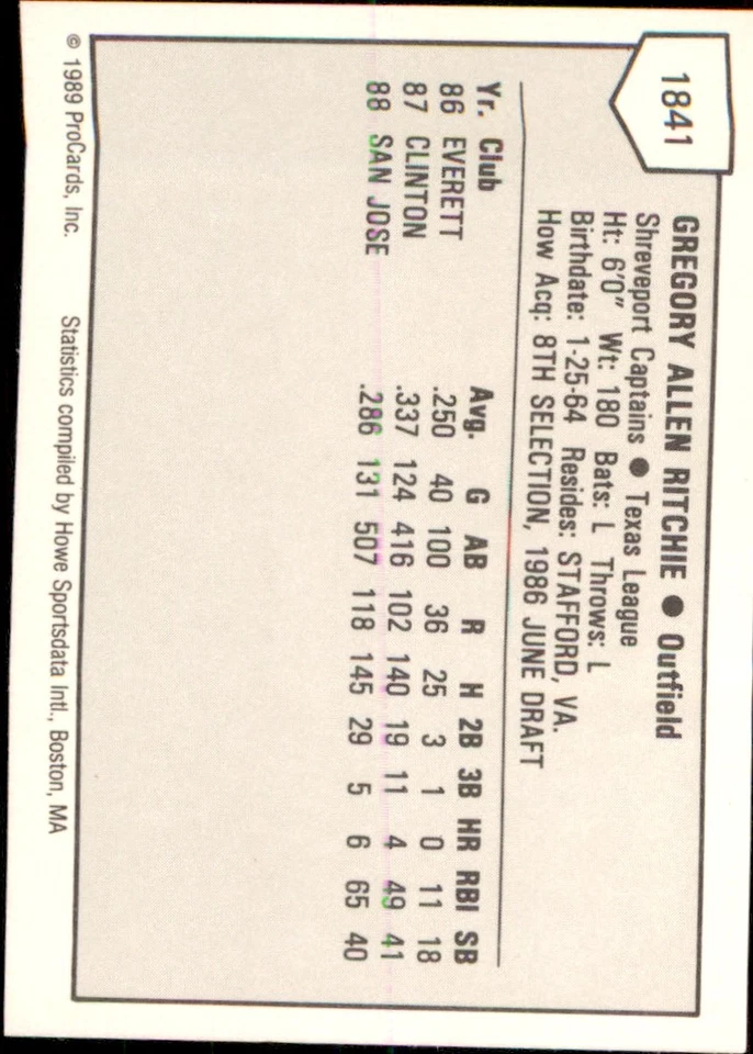 Gregg Ritchie 1989 ProCards Minor League T/S #1841 RC Shreveport Captains ** - Image 2 of 2