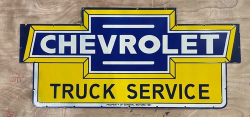 Vintage Chevrolet Truck Service Gas & Oil Porcelain Enamel Sign 48x22" DSP.