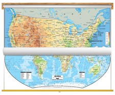Physical US/World Classroom Wall Map on Spring Roller with Backboard