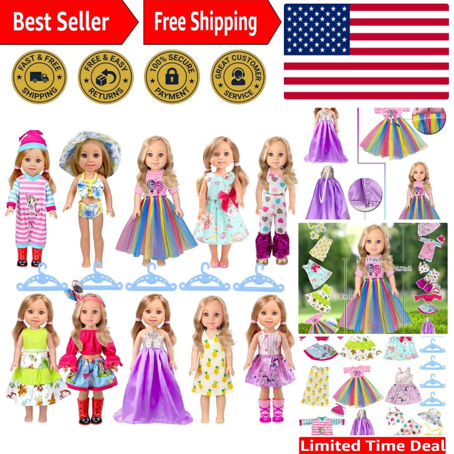 10-Sets Doll-Clothes for American-14-inch-Dolls - Compatible