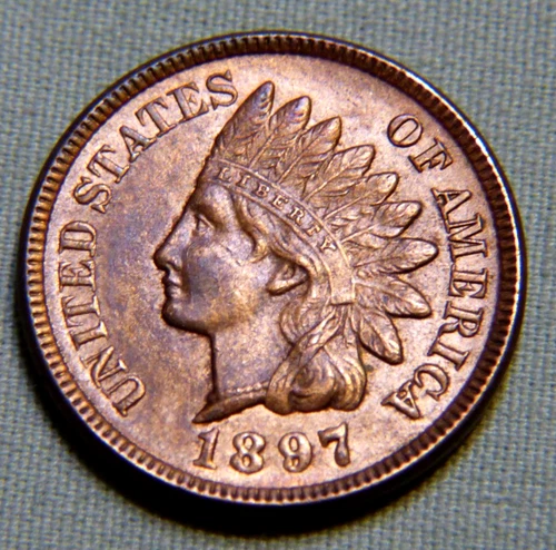 1897 Indian Head Penny Cent - AU / UNC Full Liberty With 4 Diamonds # 1096