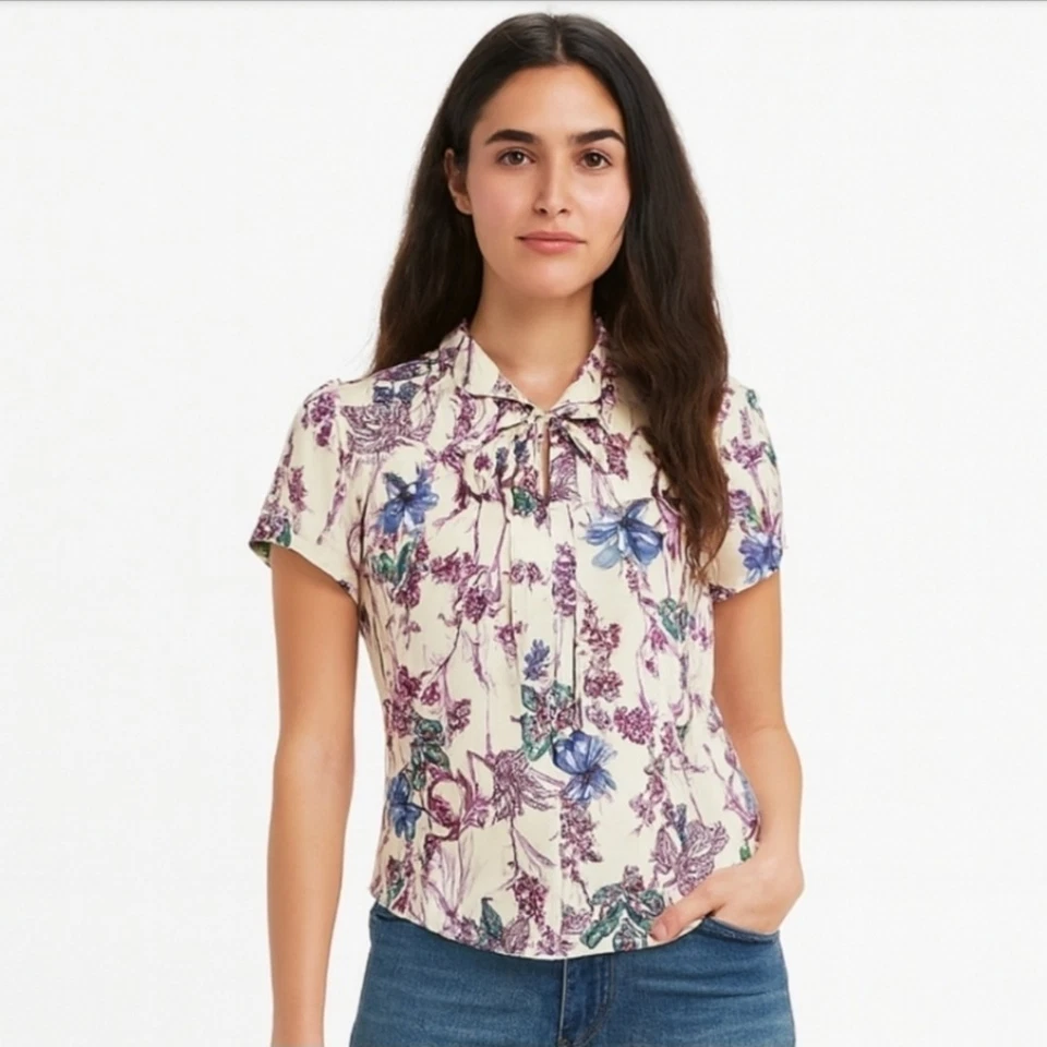 Blusa Floral Vintage Años 70 JC Penney Cuello Peter Pan Talla 14 (Talla Mediana) Femenina  Foto 2 de 4