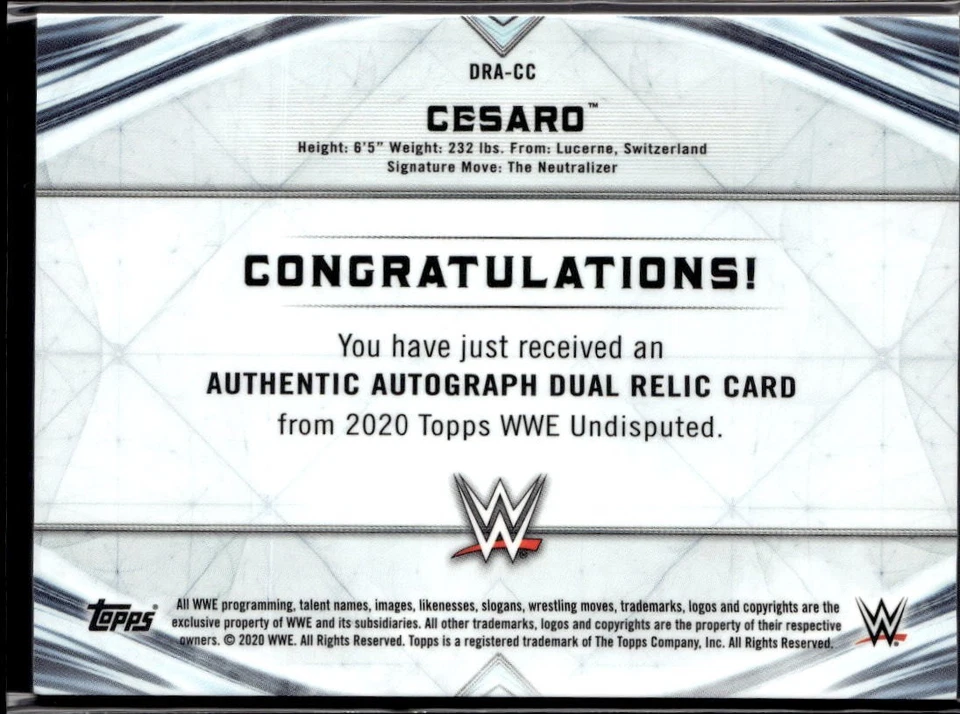2020 TOPPS WWE UNDISPUTED DUAL RELIC AUTO GREEN #DRA-CC CESARO (09/50) - Image 2 of 2