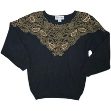 Vintage Victoria Harbour Knit Sweater Size Large Gold Beading Paisley 80s Ramie