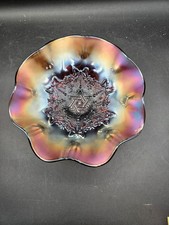 Northwood Carnival Glass Star of David & Bows Northwood Amethyst Ruffled Bowl