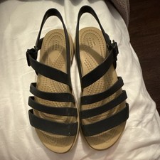 Crocs Black Beige Strappy Buckle Flat Sandals...