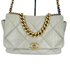 Chanel 19 Goatskin Quilted Medium Flap Purse Grey Tri-Color Chain Full Set & Box