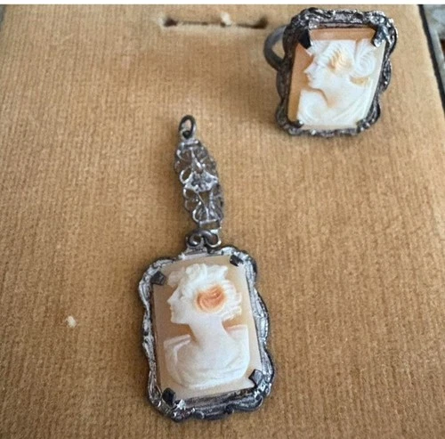 vintage sterling silver shell cameo ring and pendant set, hand-carved, c. 1930