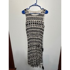 LOFT Womens Black White Geometric Ikat Print Tassel Tie Midi Dress Sleeveless