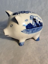 Tirelire Deflt peinte main bleu sur blanc avec bouchon, bon état
