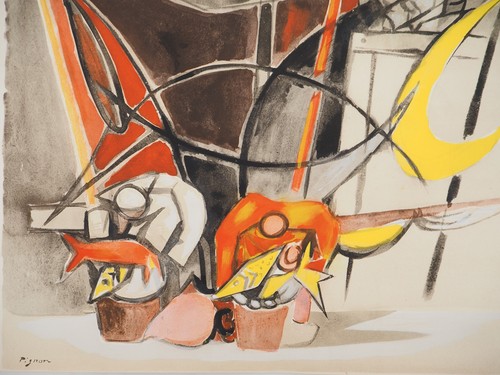 Edouard PIGNON : Belgique, le marché aux poissons d'Ostende, Lithographie signée - Imagen 4 de 5