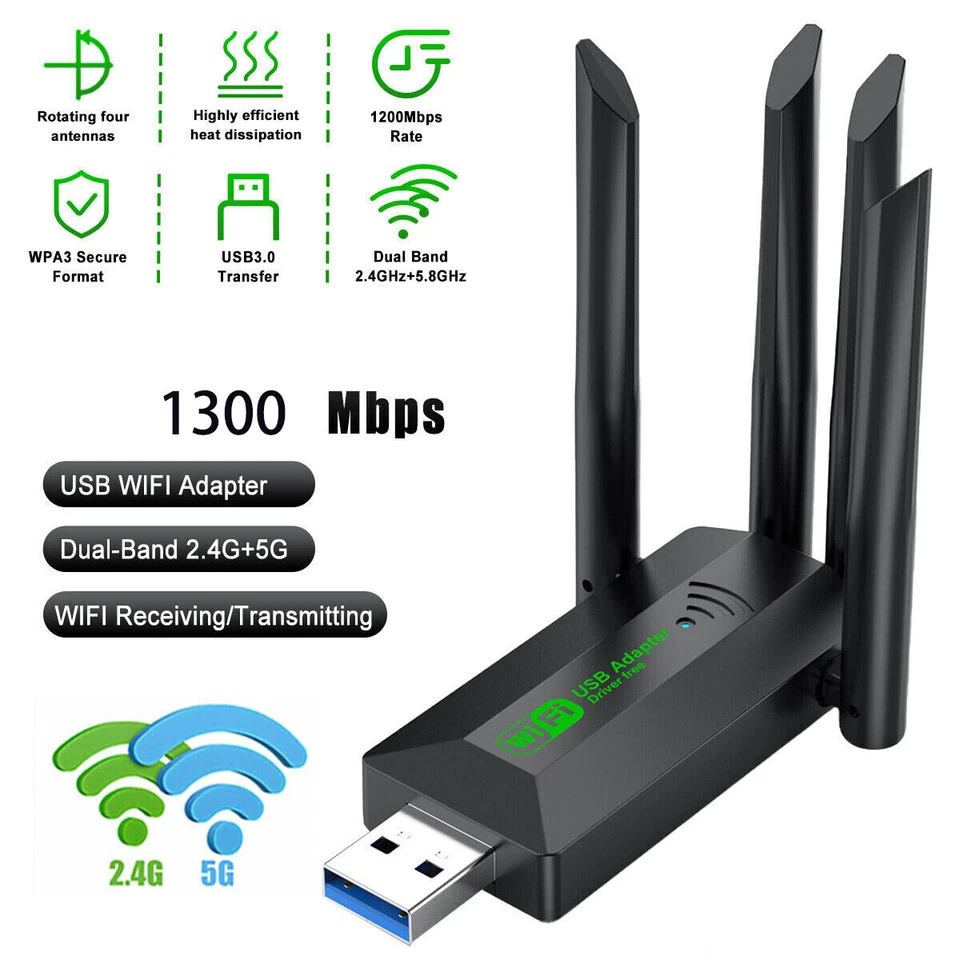 WIFI Adapter WLAN USB 3.0 Stick 1300Mbps Dual-Band Dongle 4 Antenne für PC KG