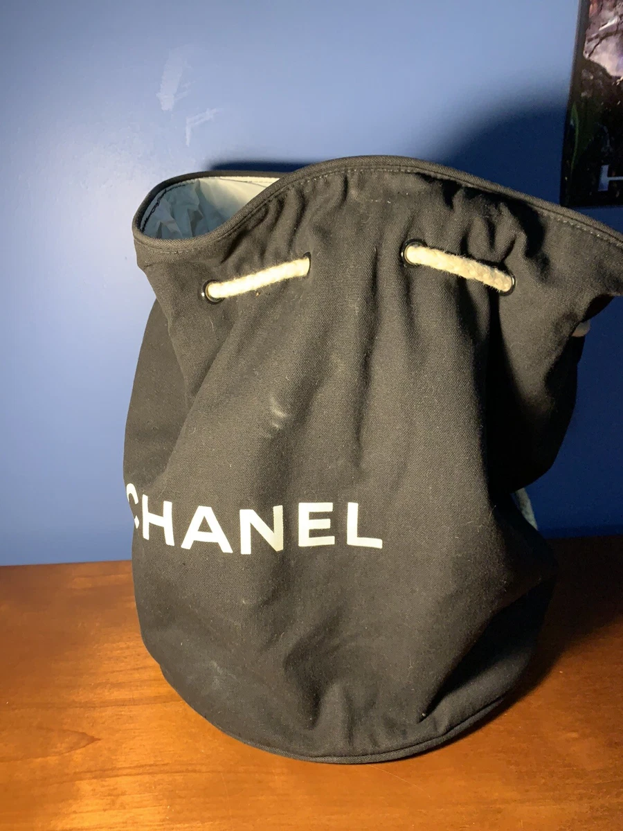 Auth CHANEL Logos Drawstring Shoulder Bag Canvas Black Vintage